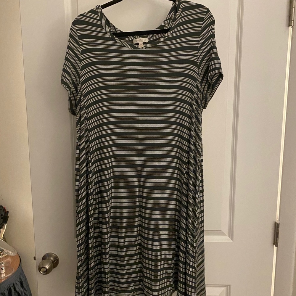 Olive Green and White Striped Casual Dress